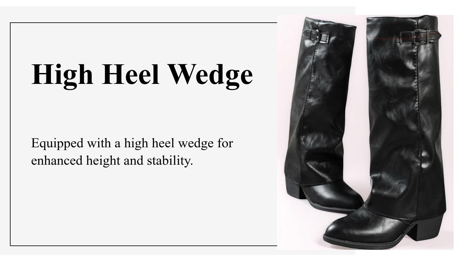 Women's Shark Lock Fold Knee Boots, Wedges High Heels, Zipper Knee-Length, Round-Toe, Designer Luxury, Plus Size, Wide Feet Friendly