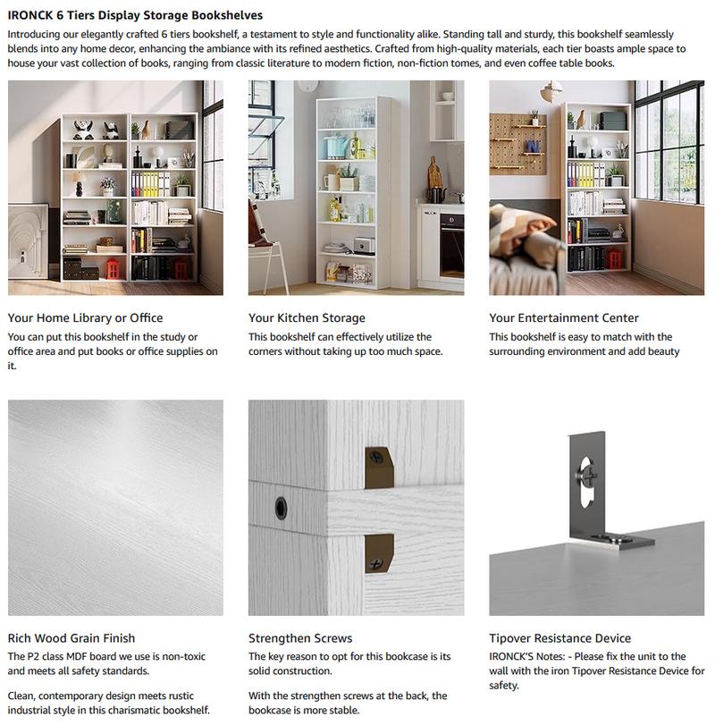 IRONCK Bookshelves and Bookcases Floor Standing 6 Tiers Display Storage Shelves 70 in Tall Bookcase Home Decor Furniture for Home Office, Living Room, Bed Room IRONCK Bookshelves and Bookcases Floor Standing 6 Tiers Display Storage Shelves 70 in Tall Bookcase Home Decor Furniture for Home Office, Living Room, Bed Room