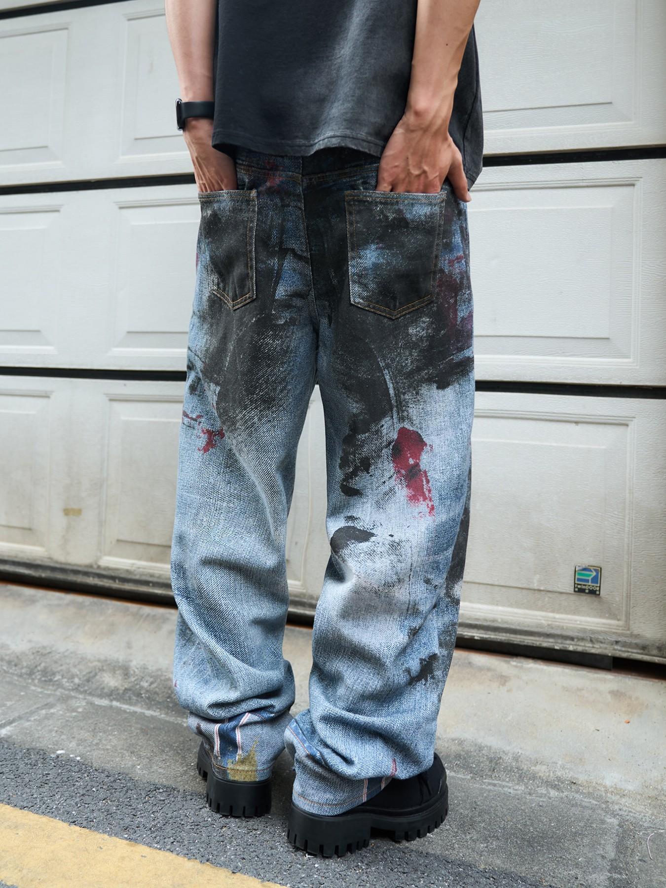 Men's 3D Printed Jeans Y2K Graffiti Denim Jeans, Loose Fit Wide Leg Vintage Washed Jeans, All Seasons Streetwear