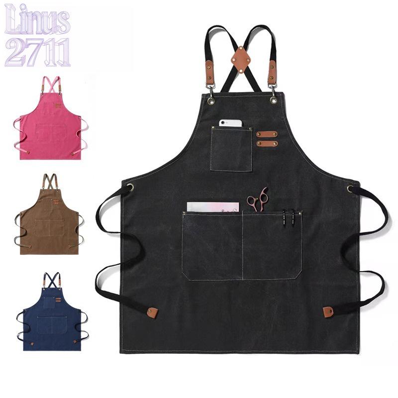 Cotton Canvas Cross Back Work Apron Leather Adjustable Strap Multi Pocket Oil Resistant Kitchen Coffee Shop Gardening Artist Unisex Custom Logo Blank Apron