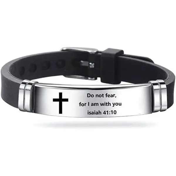 Inspirational Quote  Bracelets Faith Christian  Verse  ID Wristband Religious Gifts for Men Women Stainless Steel Rubber Adjustable