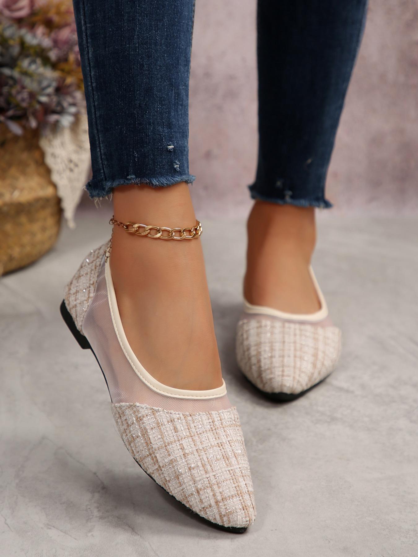 Women's Casual Slip-On Soft Sole Flats Size 36-42, Comfortable All Season Shoes, Breathable Mesh Patchwork Design, Pointed Toe Low Heel, Footwear
