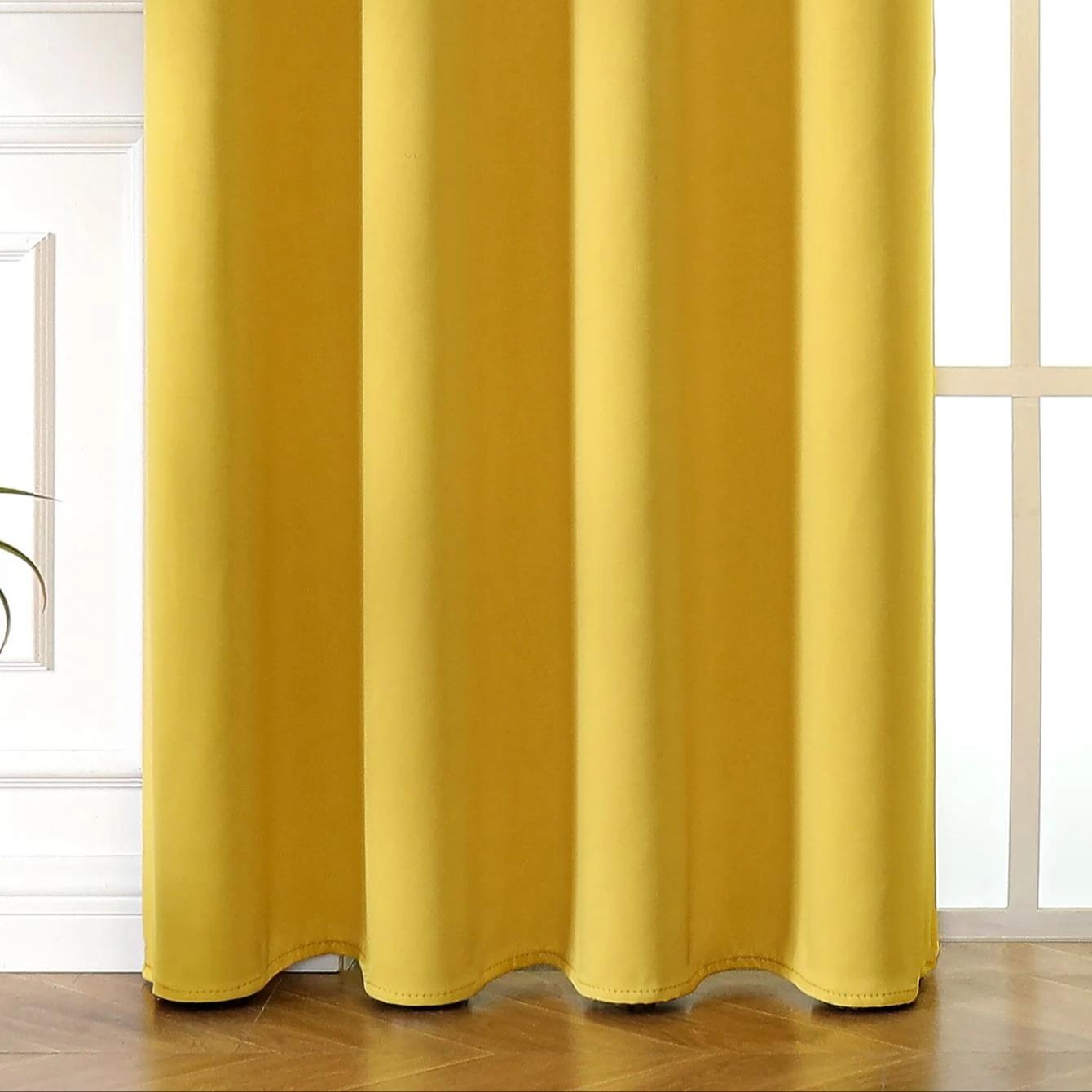 1pc Solid Color Blackout Curtain Panel, Thermal Insulated Room Darkening Curtain For Living Room, Bedroom, Yellow Color