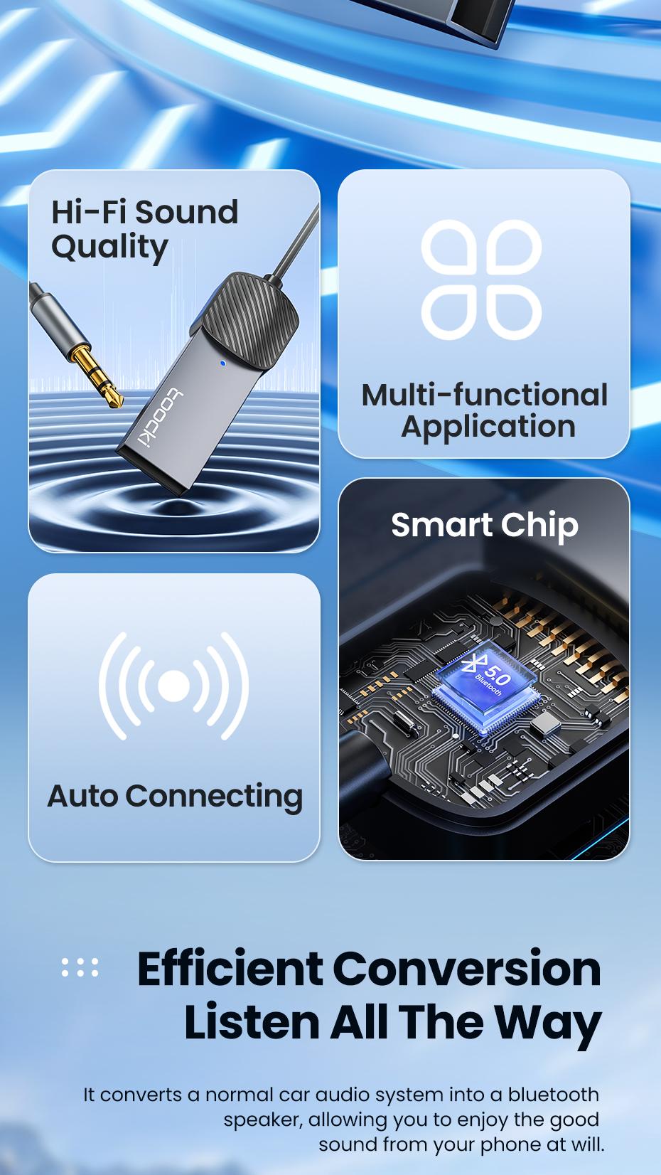 Toocki Wireless Audio Receiver Adapter, Bluetooth-compatible 5.4 Aux USB to 3.5mm, Hands-Free Mic, Car Audio Jack, Mono Output, 3.5w Power Consumption