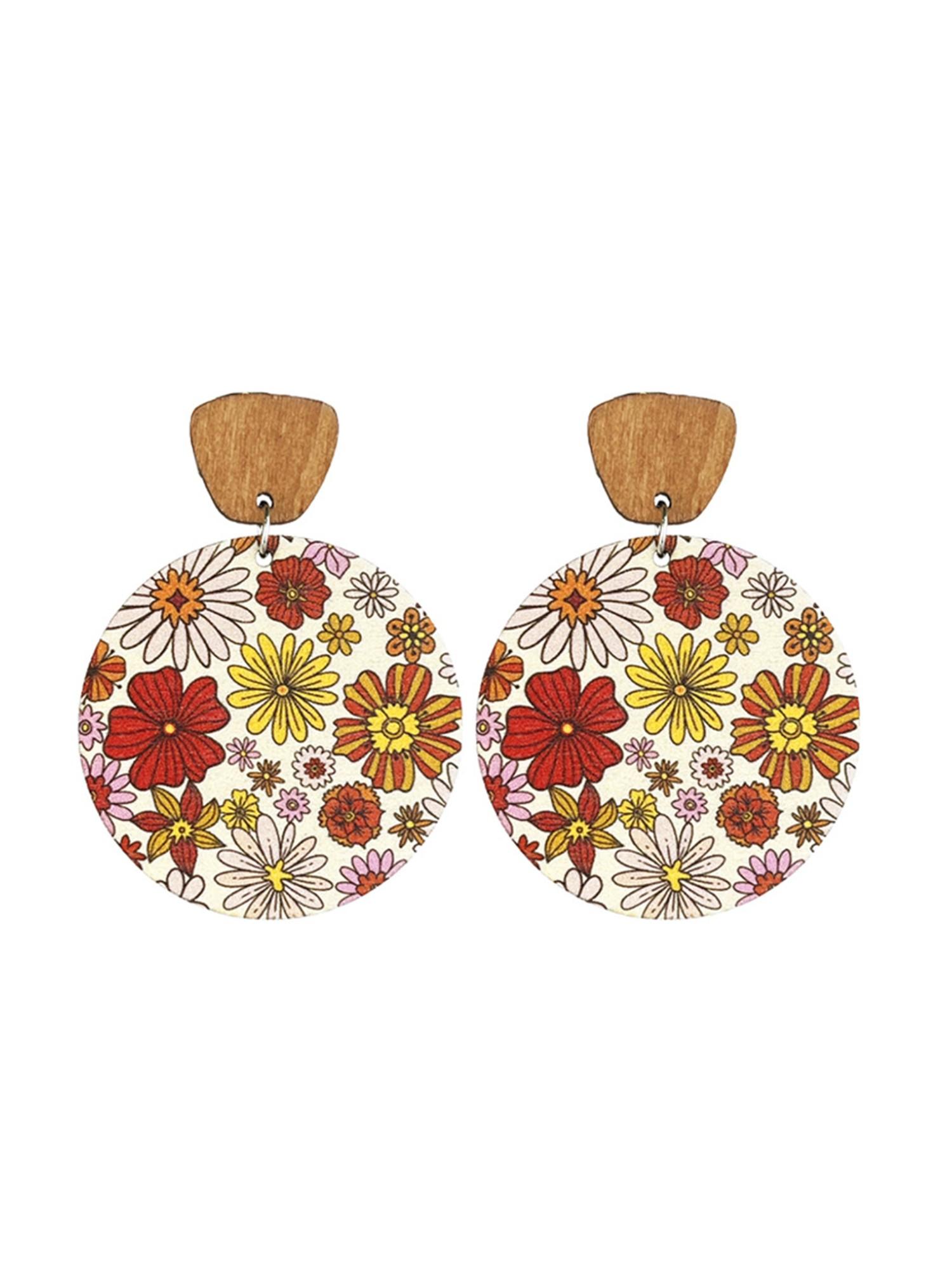 Vintage Floral Boho Drop Earrings, Multicolor Wooden Round Porcelain Studs, All-Over Print Design, Perfect for Spring & Summer