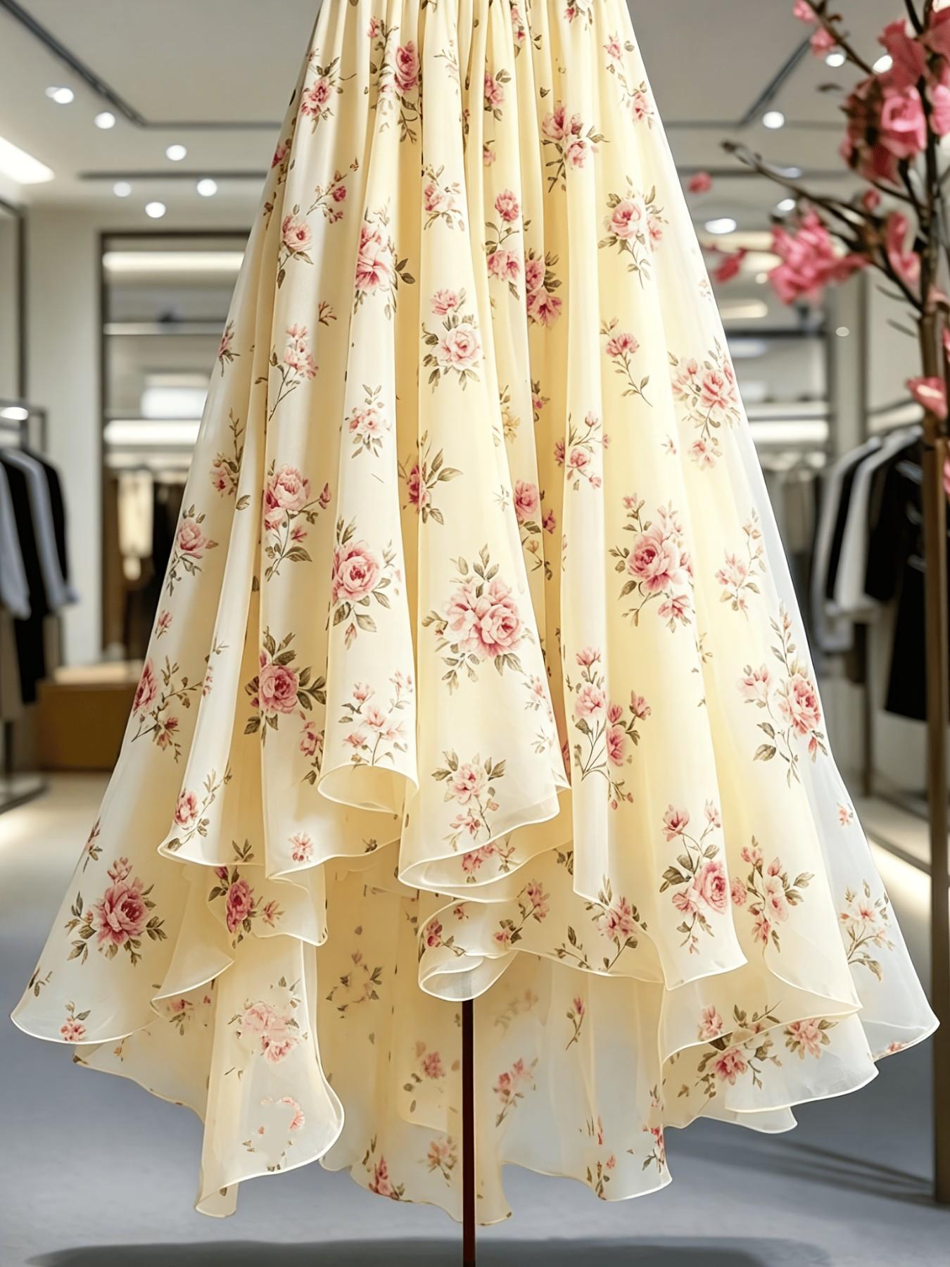 Elegant New Women's Midi Skirt, Lace Mesh Floral Print Skirt, Flowy Skirt, Loose Skirt, Vacation Casual Office Skirt, Four-Season Wear, Clothes, Elegance