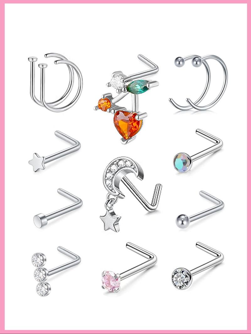 Women's 20g Nose Ring Stud Earrings, Surgical Steel Nose Stud with Shiny Cz Flower Design, Heart Butterfly Floral Patterns, Nose Piercing Jewelry