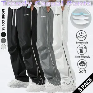 Summer Loose Sports Pants Men's Trousers Lightweight Soft Fabric Large Cut Gray Side Strips with Gold Decorative Bars Comfortable Design Casual Sporty Bottoms Gym Wear 100% Polyester