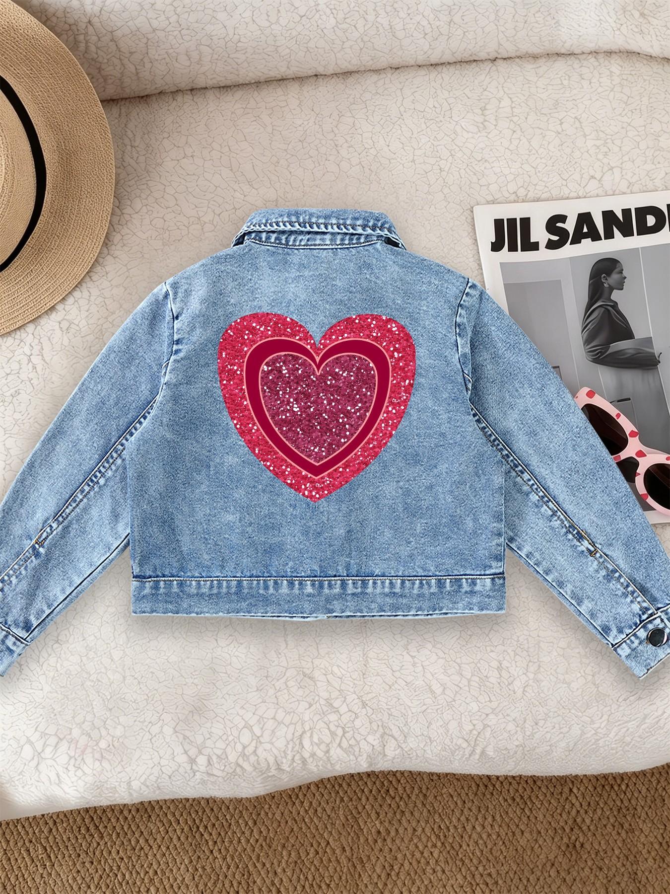 Girls' Casual Fashion Denim Jacket, Shiny Heart Pattern, Comfortable Fit, Suitable for School and Dates, Ages 12 and Under