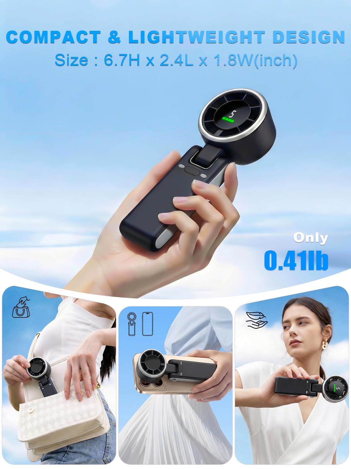 Turbo Mini Portable Fan, 10000mAh Rechargeable Battery Operated with LED Display, 180 Foldable 3 in 1 Personal Small Fan with 5 Speeds for Travel/Outdoor/Home