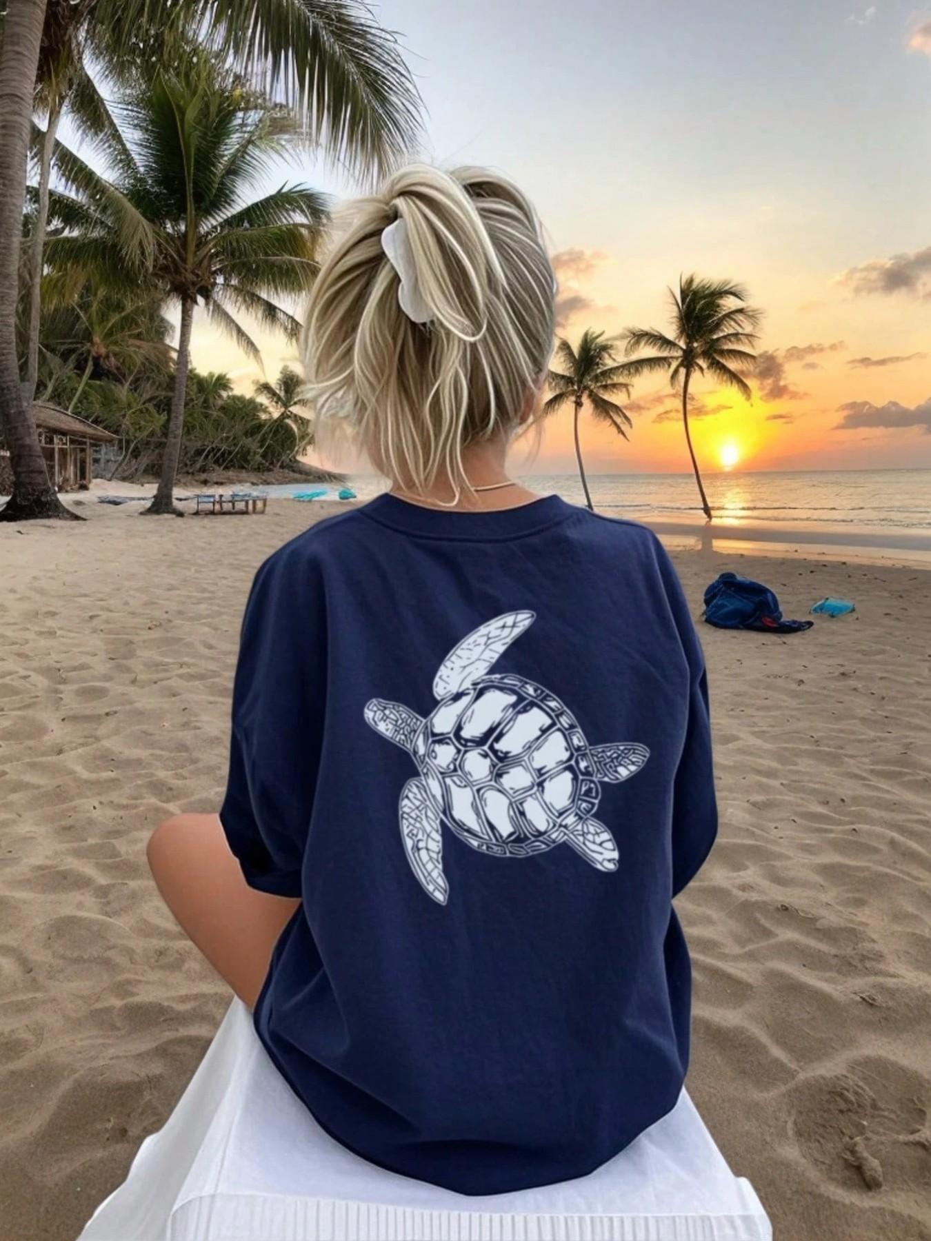 Coastal Grandma Sea Turtle Graphic Oversized Tee for Women, Casual