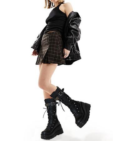 Goth Boots Holographic Combat Platform Boots for Women Knee High | Rave Style Mid Calf Boots, Lightweight Wedge Boots, Lace Up & Zipper Closure, Wide Toe Box, All-Day Comfort Wear for Concert