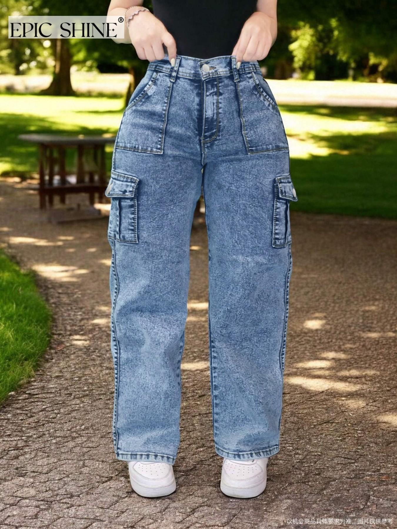 Women's High-Waisted Elastic Cargo Pocket Pants, Wide Leg Denim Jeans, Butt Lifting Urban Style, Comfortable Fit, Fashion Casual Long Jeans