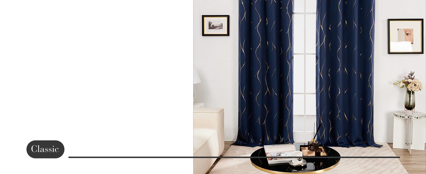 Deconovo Blackout Curtains (2 Panels & Gold Wave Foil Print) - Thermal Insulated,Soundproof Printed Drapes for Living Room, Bedroom, Sliding Glass Door and Office