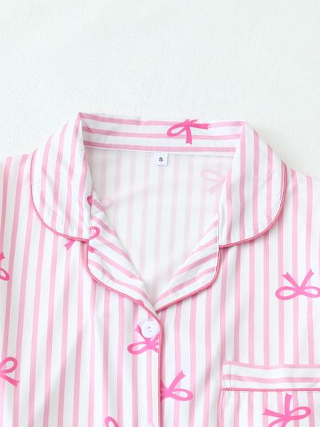 【Valentine Pajamas】Two-Piece Set Women's All Over Bow Print Button Front Shirt & Pants Pyjama, Casual Comfy Long Sleeve Lapel Neck Top & Trousers PJ Set, Women's Sleepwear for Spring & Fall