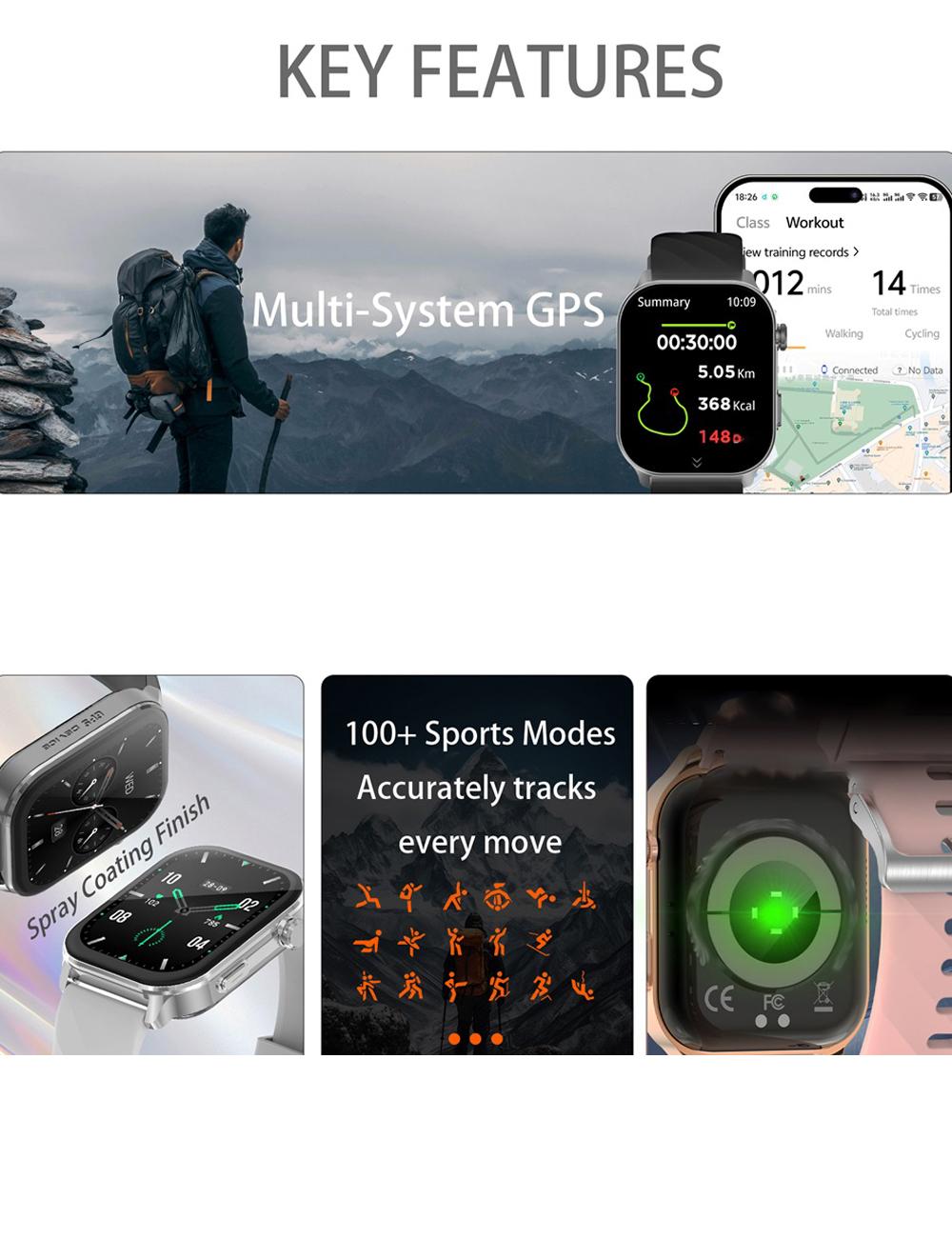 2.01-inch full touch screen, 350mAh ultra-long battery life, support for multiple languages, over 100 sports modes, five-star GPS tracking, 1ATM deep water resistance, wireless call, voice assistant, message notification, low power consumption, etc