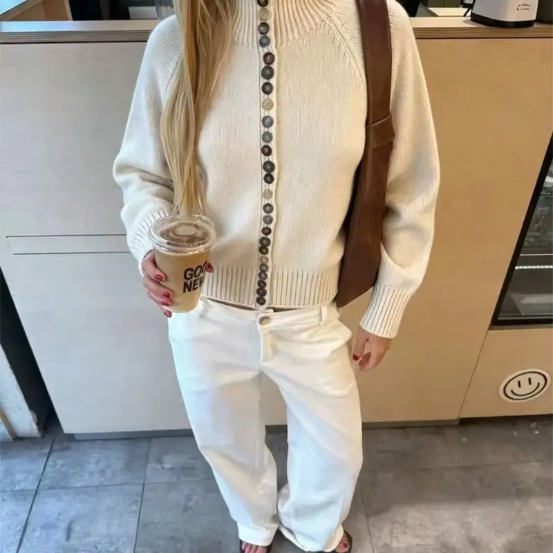 Women's Colorblock Button Front Half High Neck Loose Knit Sweater, Casual and Comfortable Top