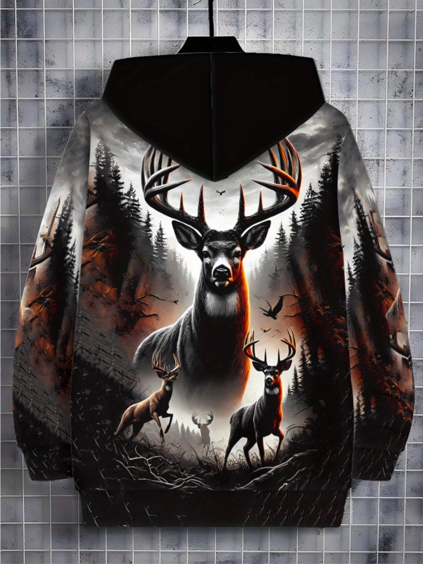 Vintage Wild Forest Reindeer Print Sweatshirt, Drawstring Zipper Hoodie, American Motorcycle Street Style, Loose Fit Long Sleeve Top