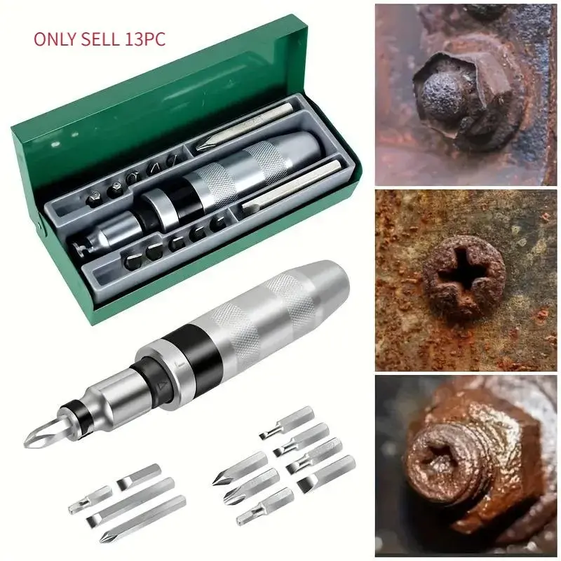 13 Piece Impact Screwdriver Set Shock Absorbing Drill Bits Metal Chisel Head Multi Function Screwdriver Extractor Repair Tool Set Durable Impact Screwdriver Drill for DIY Tool Kit