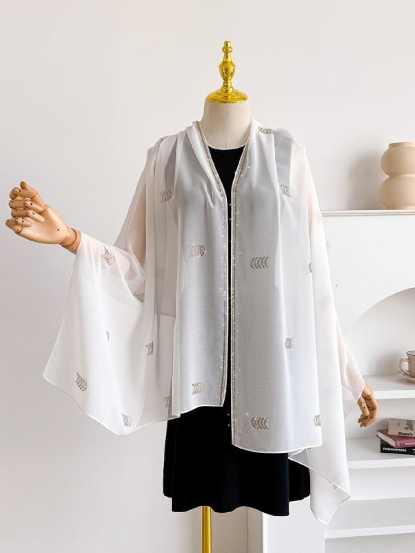 Single Piece Multi-Functional Plain Color New Arcuate Rhinestone Chiffon Long Scarf, Pearl Embellished Sun Protection Shawl, Ethnic Headscarf