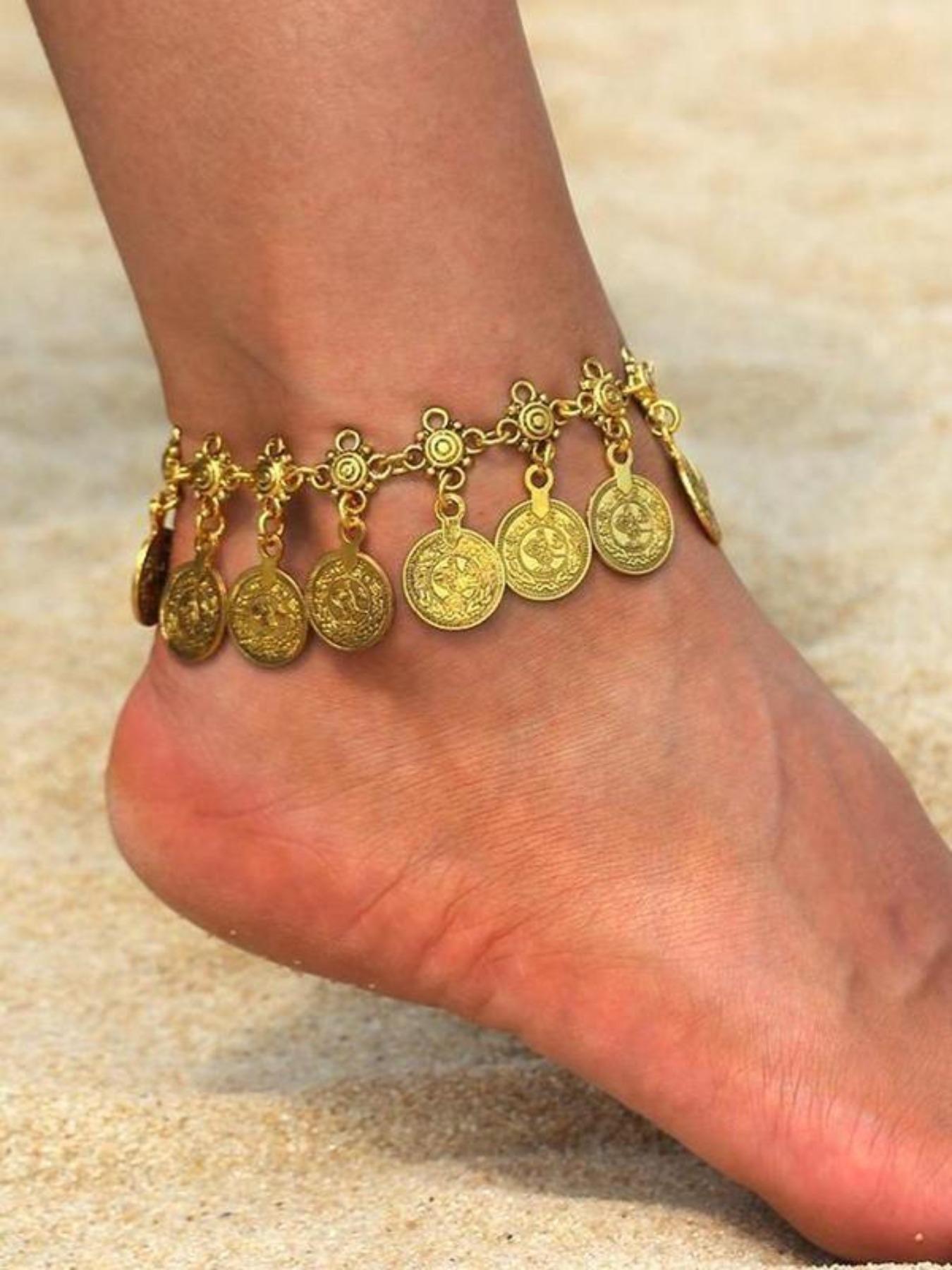 Viral Gypsy Coin Anklet, Retro Boho Foot Jewelry for Women, Gold/Silver Ankle Bracelet with Engraved Charms, Must-Have for Summer, Festivals and Beach Days, Trendy Statement Piece