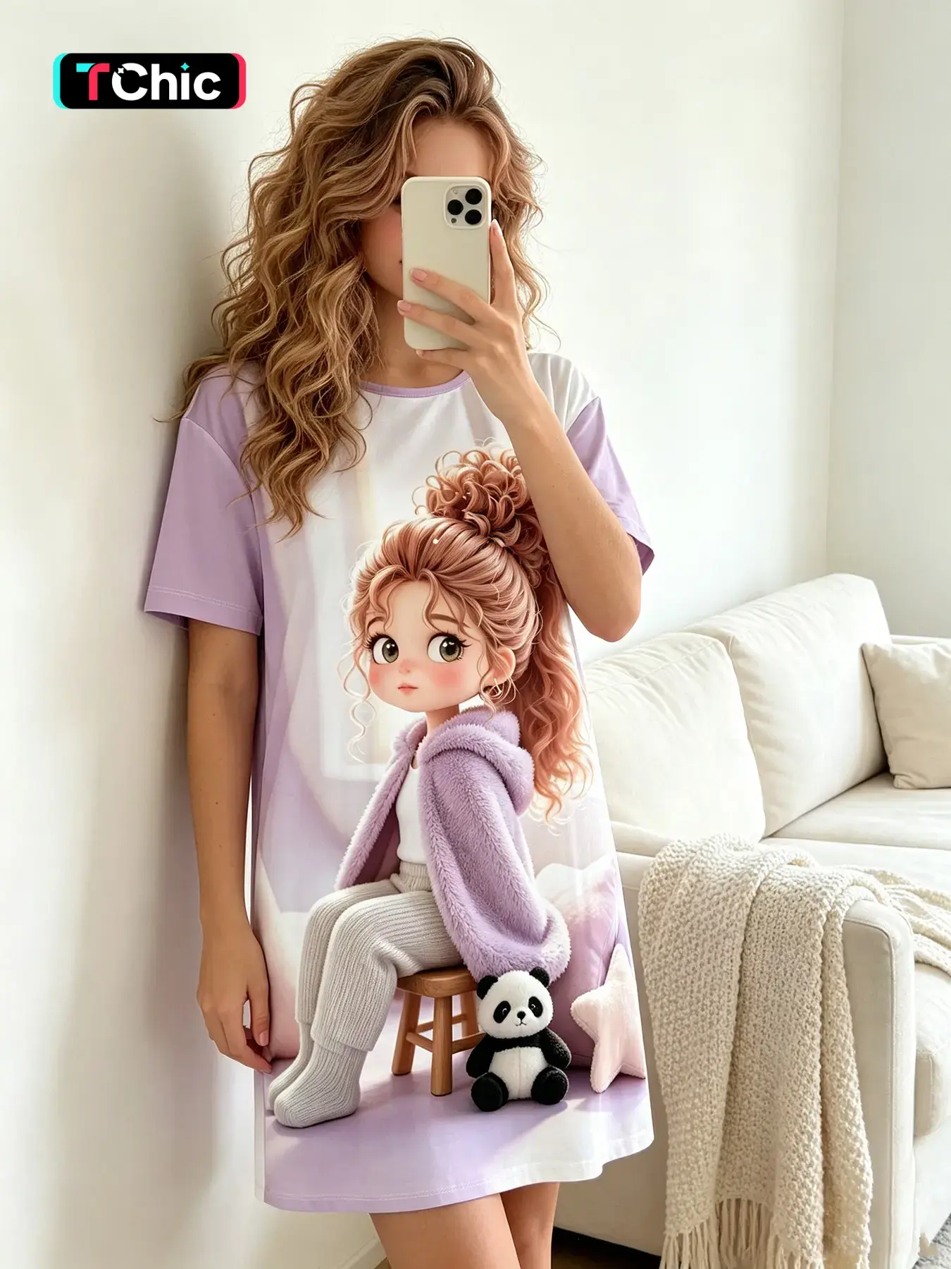 Women's Short Sleeve Crew Neck Sleep Dress, All Season Wear, Taro Purple Colorblock Girl With Panda Print, Soft Healing Nightgown for Lounging, Napping and Casual Home Aesthetic Photos