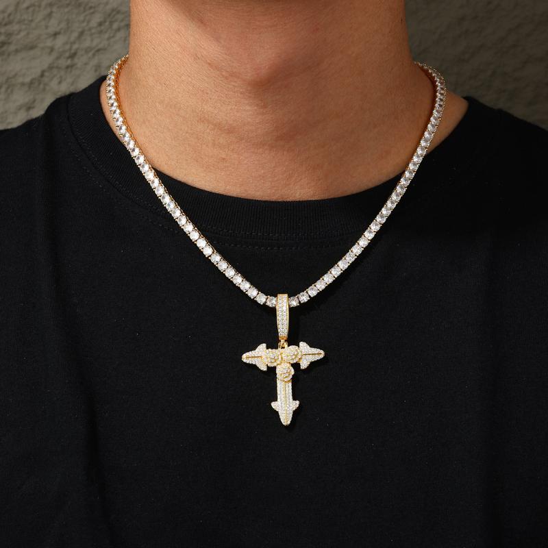 【#P687】Three Rose Cross Pendant UCCIYO S925 Sterling Silver Synthetic Moissanite Pendant Necklace for Women Men Hip Hop Jewelry Gift