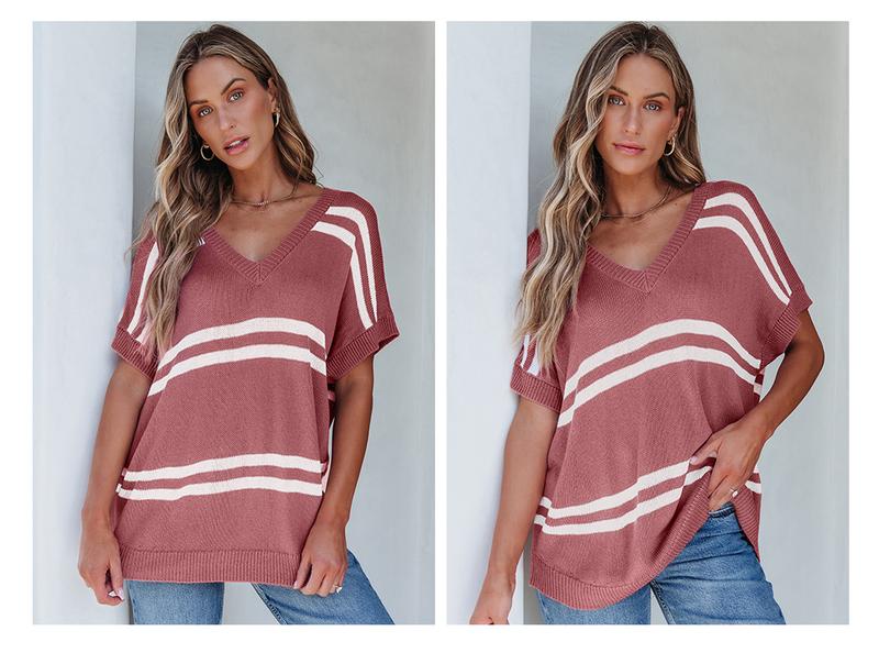 Shewin 2026 Spring/Summer Women's Oversized Knit Sweater Pullover Cozy Striped Crewneck Batwing Sleeve Stretchy Acrylic Top
