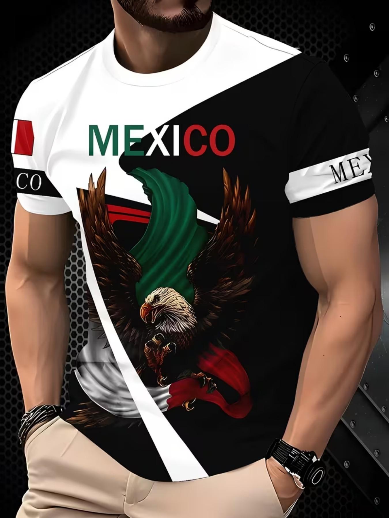 Mexican Flag Eagle Print T-Shirt Crewneck Fitted, Men's Fashion Short Sleeve, National Theme Design, Casual Trendy Streetwear Top, All Seasons Wear, Menswear