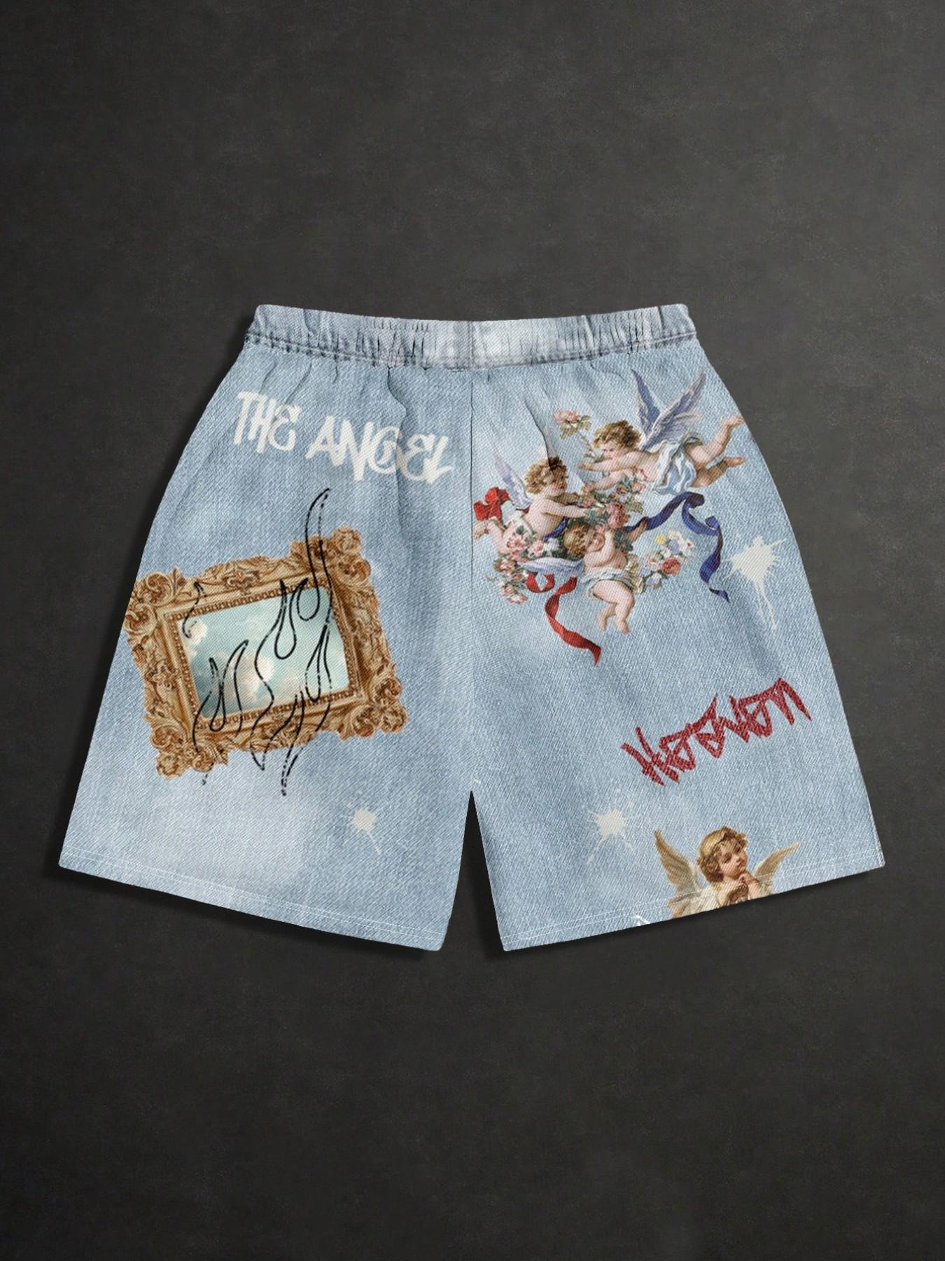 New Summer Retro Angel Print Shorts, Men's Street Graffiti Loose Fit Casual Shorts, Trendy Graphic Design for Daily Wear