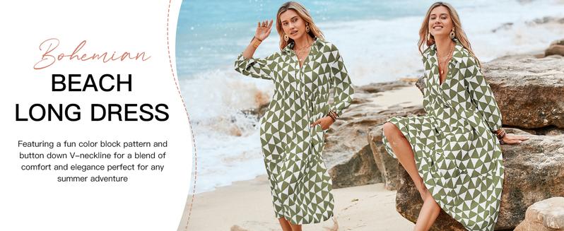 Wenrine Womens Boho Midi Dress Long Sleeve Casual Color Block Beach Button Down Shirt Dress