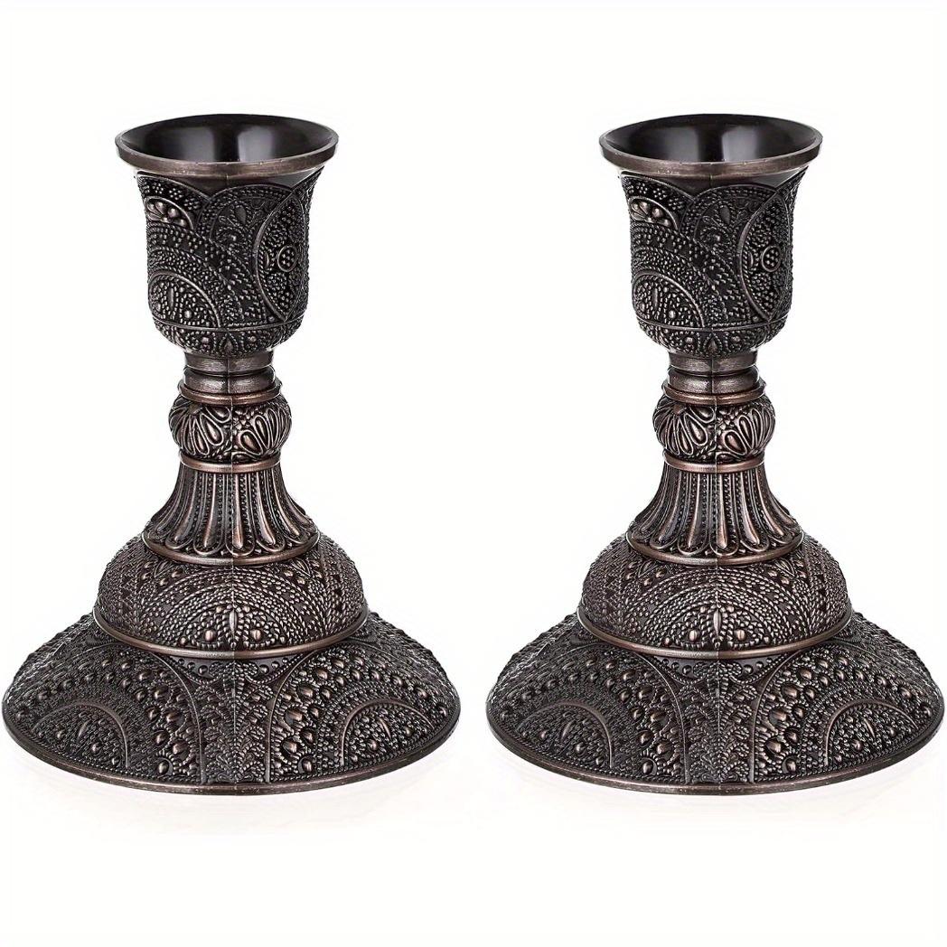 Set of 2 Vintage European Candle Holders - 3.9" Tall Metal Candlesticks with Exquisite Relief Patterns, Red/ Green Bronze/ Gold/ Silver/ Rose Gold Candelabra Table Centerpieces for Wedding Dining Home Decor