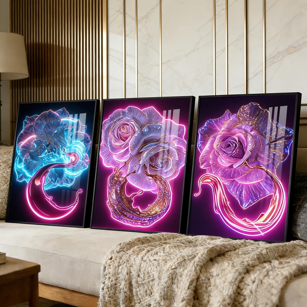 3 Counts Aluminum Alloy Framed Painting, Neon Glowing Roses And Petals Pictures, Home Decoration For Living Room, Bedroom, Office, Restaurant, Hallway Wall Decor, Odorless Print Artwork, Luxury Perfect Gift For Friends And Family