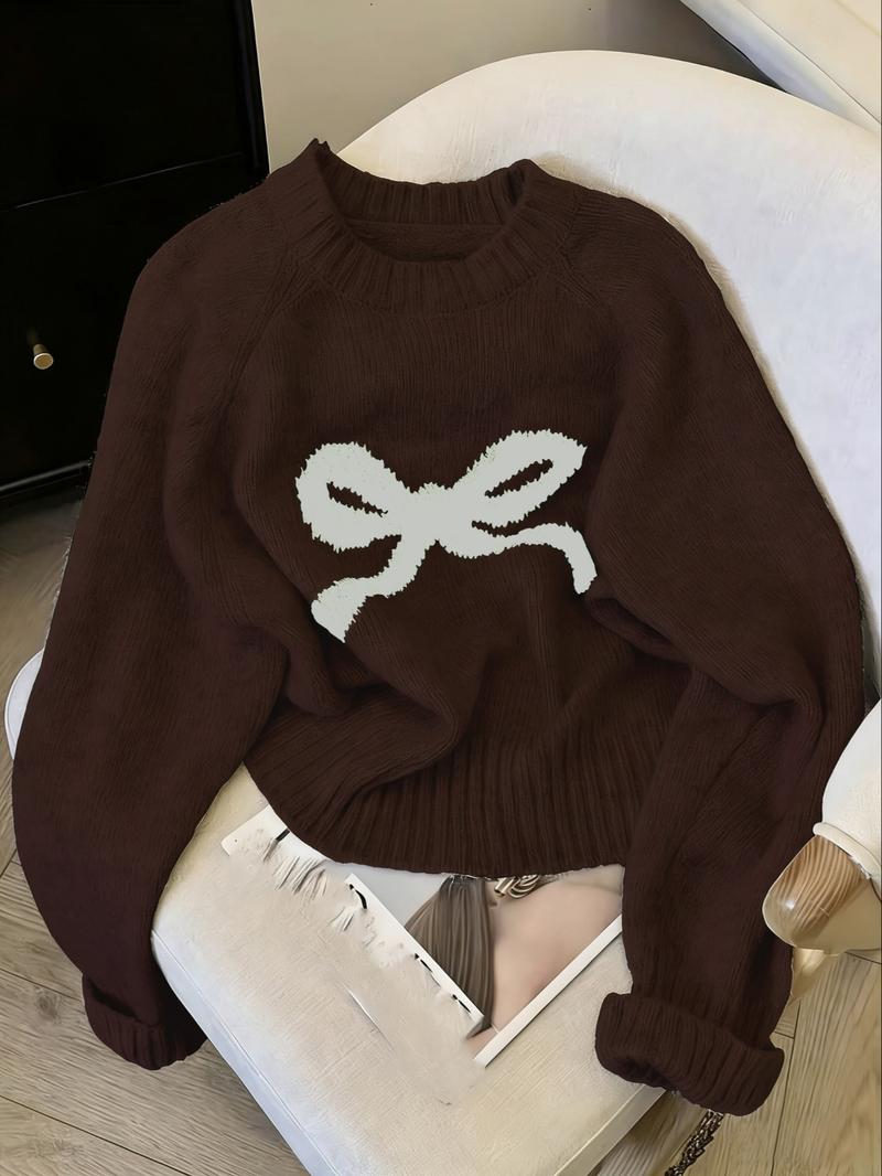 Elegant Women's Loose Bow Embroidered Moire Sweater, Casual Round Neck Long Sleeve Knitwear, Spring & Fall Fashion