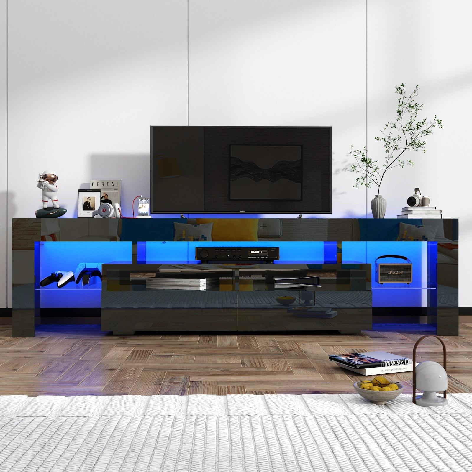 70in LED TV Stand for 75/80 inch TV, High Glossy Modern Entertainment Center with Drawer and Open Shelf, Television Table Center Media Console for Living Room, White/Black