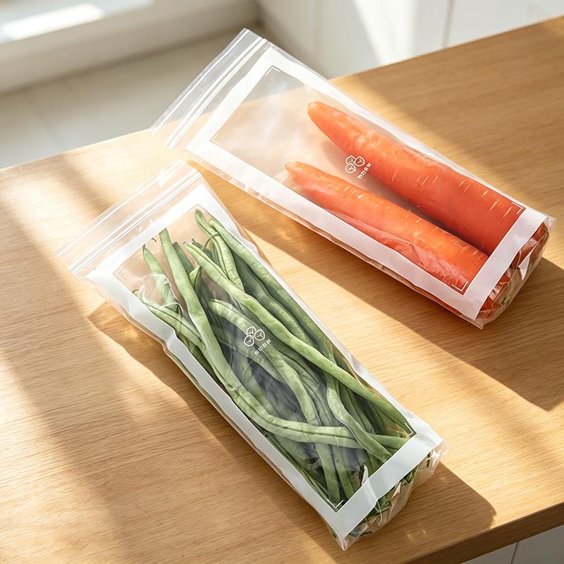 50pcs Grade PE Plastic Long Strip Storage Bags with Snap Buttons - Airtight Seal Kitchen Preserving Containers, Disposable Durable Transparent, Space-Saving for Refrigerator Fruits, Meat