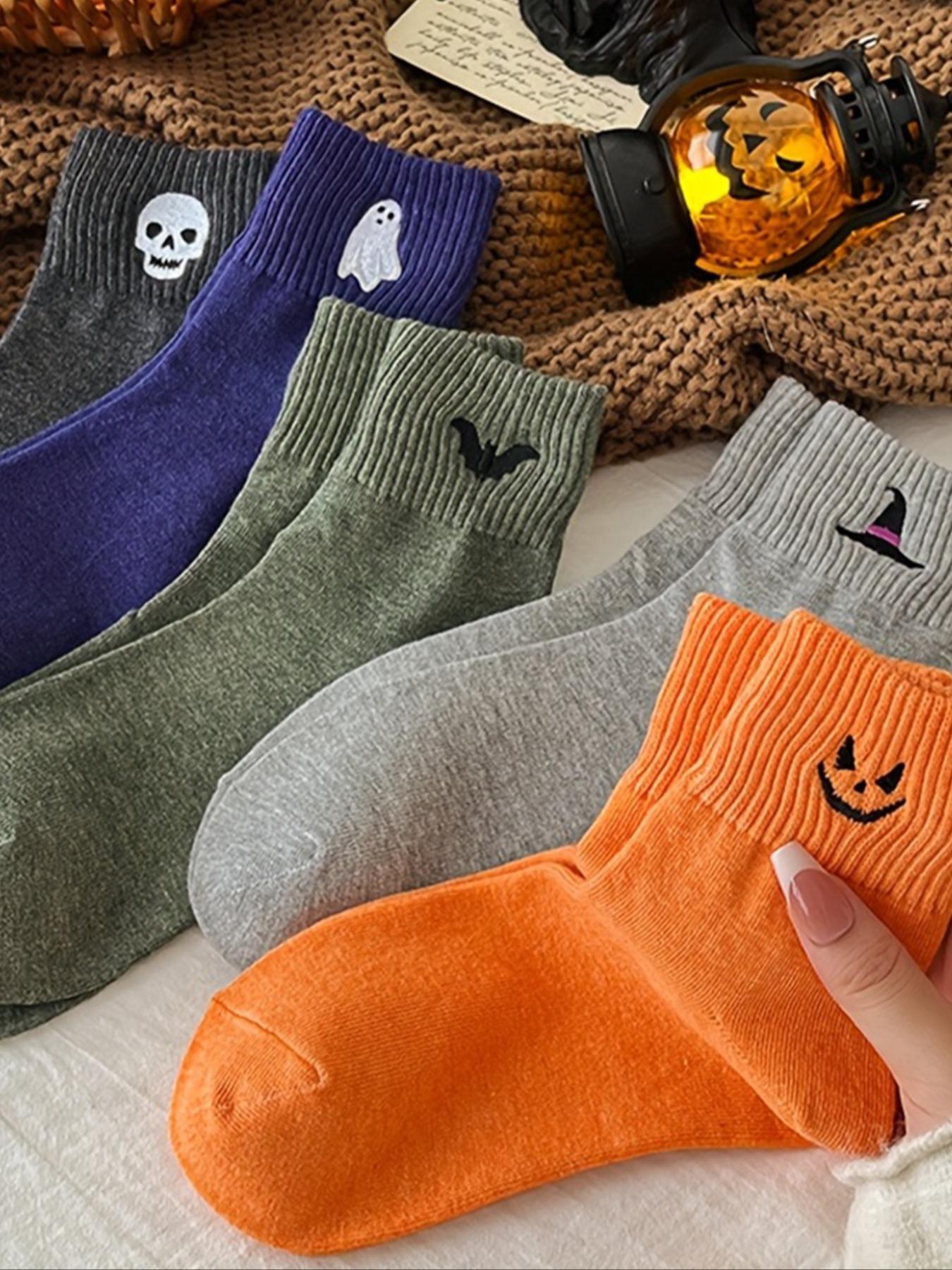 5 Pairs Cute Halloween Socks for Women Cozy Pumpkin Ghost Cartoon Novelty Crew Set Soft Stretch Knit Warm Fall Winter Mid Calf Daily Hosiery Gift