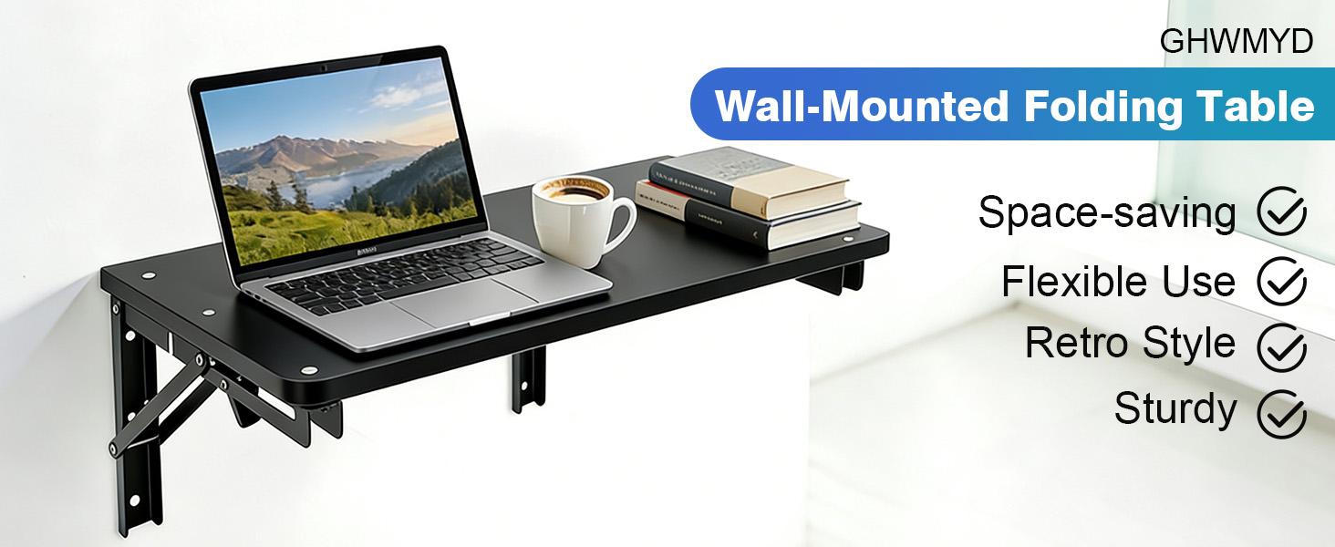 Folding Shelf Wall Mounted for Small Space, Wooden Wall Table for Living Room Bedroom Decor, Office Floating Fold Down Desk, Media Shelves with Heavy-Duty Brackets, 21.7Inches Black