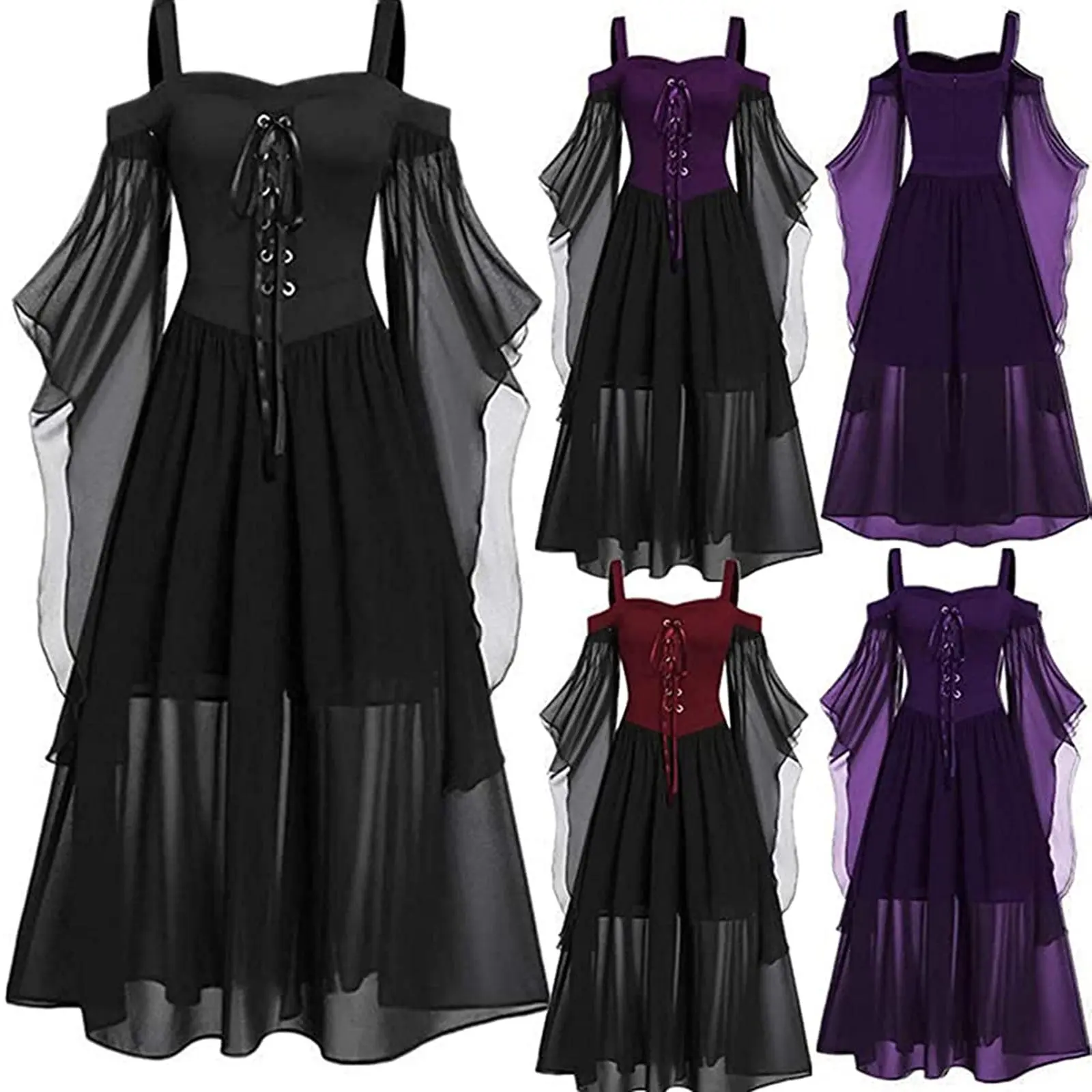 Women Vintage Gothic Off Shoulder Lace-up Medieval Dress Halloween Witch Cosplay Costumes Carnival Party Suspender Straps Dress