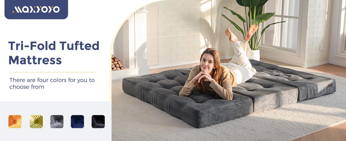 MAXYOYO Tri-Fold Mattress, 6 Inch Tufted Folding Mattress Full Foam Bed, Foldable Floor Mattress Guest Bed Mattress Topper Portable Camping Sleeping Couch MAXYOYO Tri-Fold Mattress, 6 Inch Tufted Folding Mattress Full Foam Bed, Foldable Floor Mattress Guest Bed Mattress Topper Portable Camping Sleeping Couch