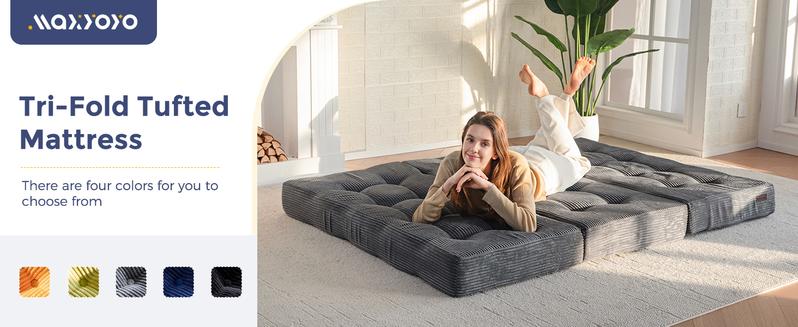 MAXYOYO Tri-Fold Mattress, 6 Inch Tufted Folding Mattress Full Foam Bed, Foldable Floor Mattress Guest Bed Mattress Topper Portable Camping Sleeping Couch