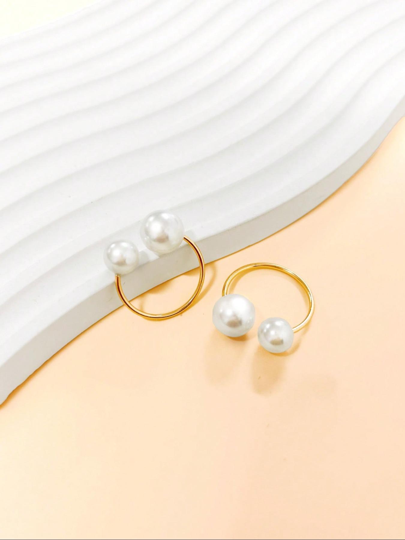 Simple Open Ring With Pearl, Golden Color Adjustable Fashionable Ring Suitable For Women's, Perfect for Daily Wear & Parties, All-Season Accessory