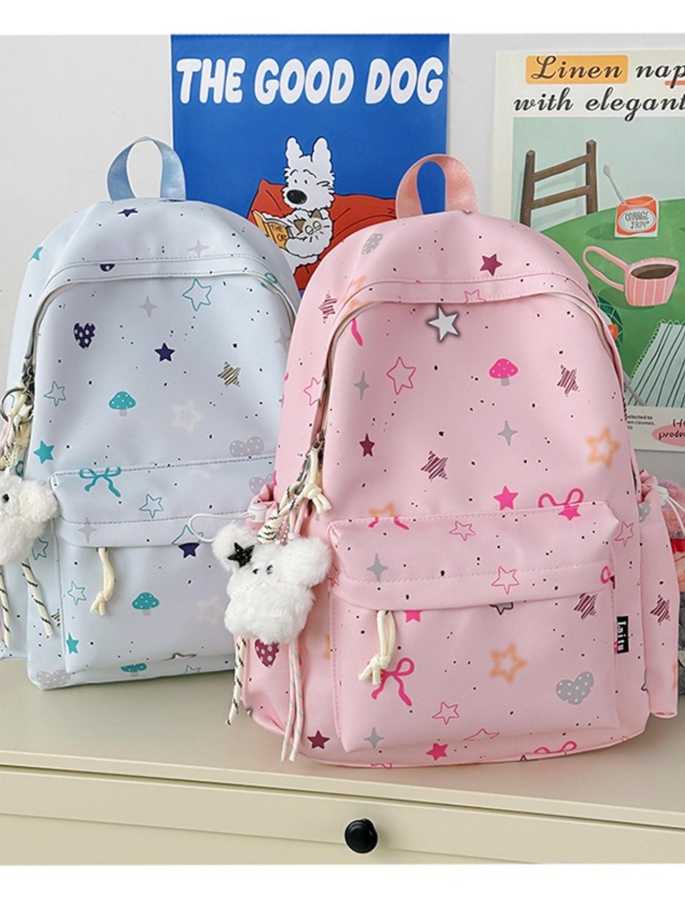 Cute Star Heart Print Backpack for Women, Fresh Casual Large Capacity Student Bag, Lightweight Nylon Travel Backpack