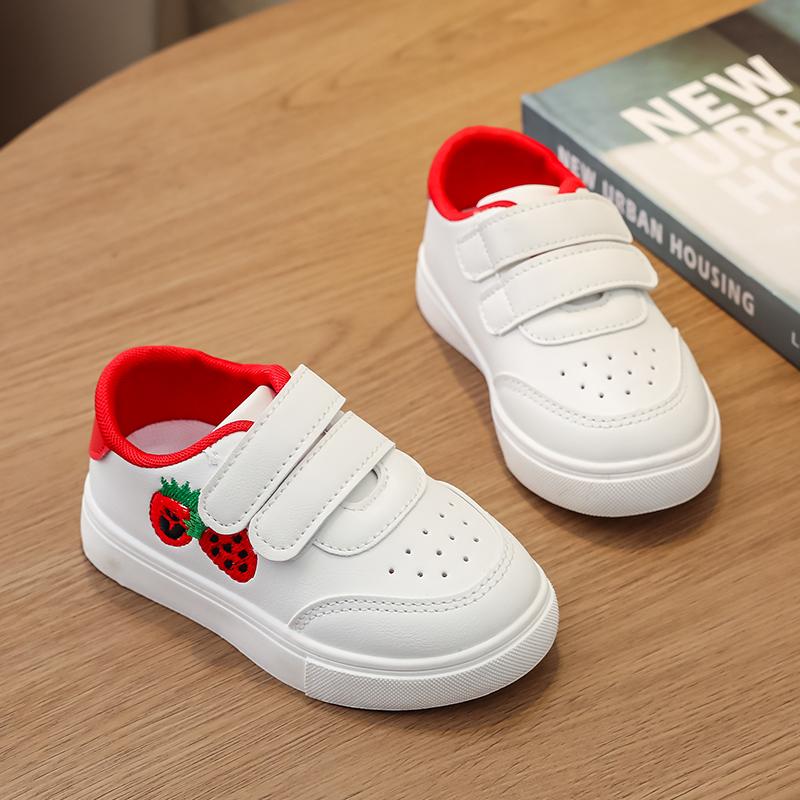 Girls' Strawberry Print Low-Top One-Piece Skate Shoes, Comfortable Velcro Closure, Perfect for Outdoor Activities