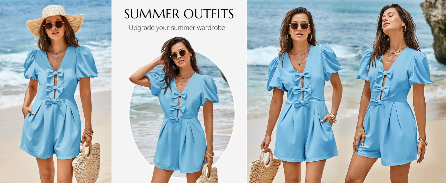【BOGO 50% Off 】Cicy Bell Womens Cute Rompers Bow Front Puff Sleeve V Neck Short Jumpsuits Sexy Summer Outfits with Pockets