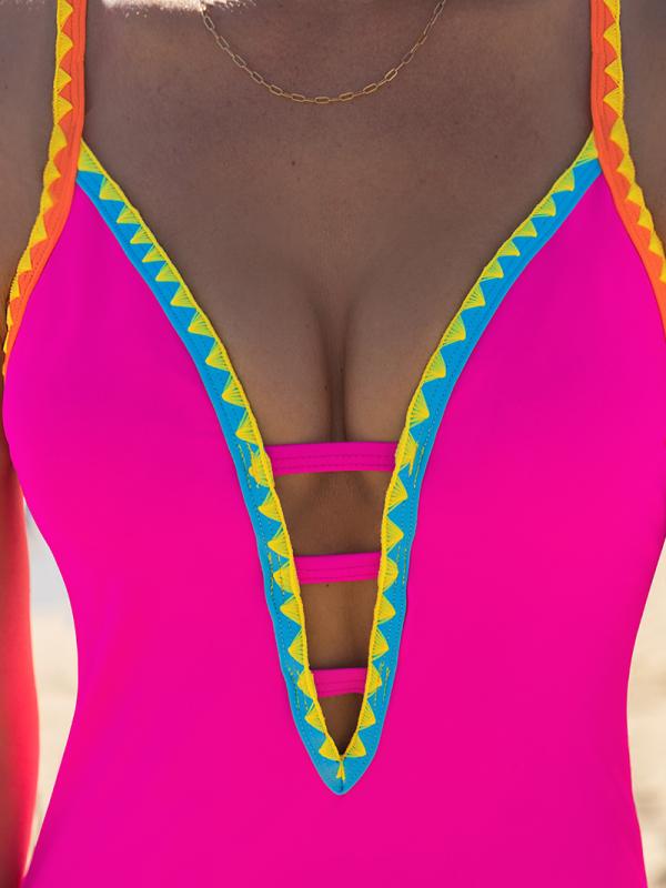 Popvil Shell Trim Front Strappy Neon One Piece with Back Tie Swimsuit Tummy Control Modest Neon Swimsuit for Women