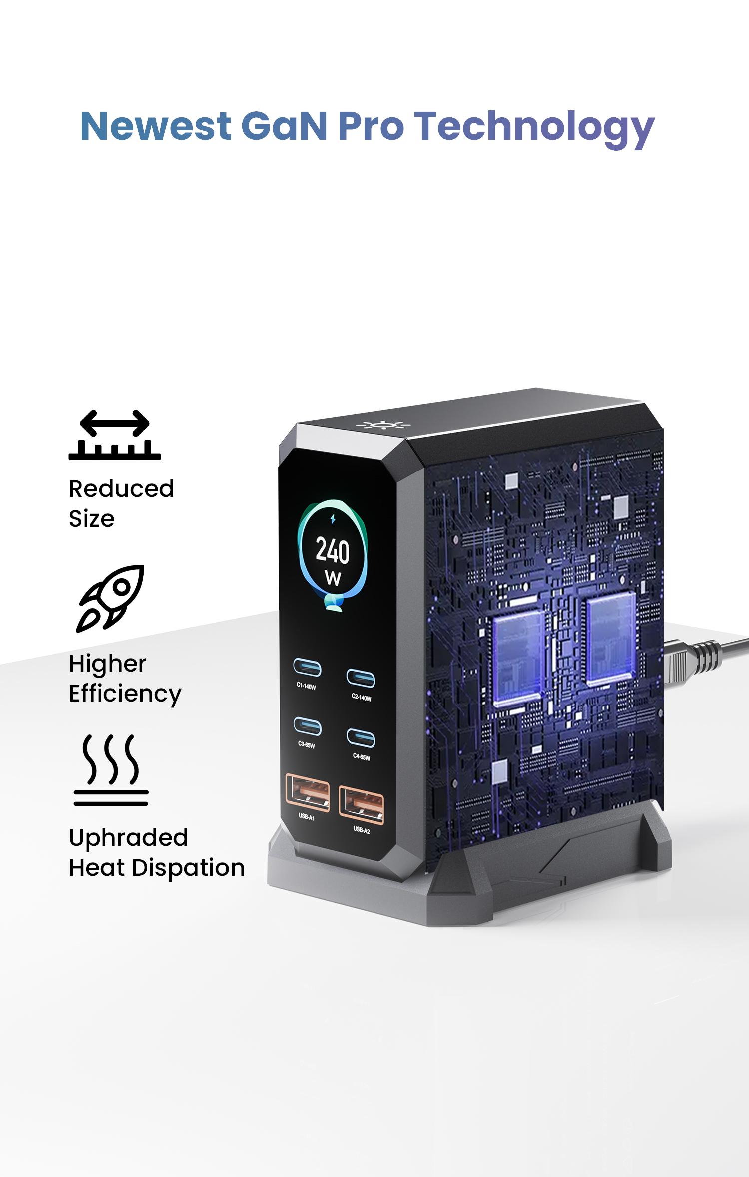 ASOMETECH 240W Digital USB C GaN Charger 6 Ports Desktop Charging Station, PD 3.1 140W USB C Fast Charger Block for MacBook Pro/Air, DELL, Laptop,Fast Charger Power Adapter for iPhone 17 pro max,Samsung Cellphone,iPad,Black