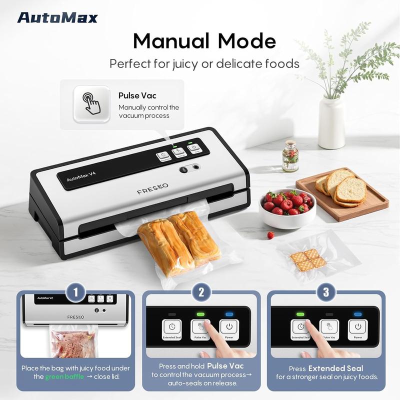 FRESKO AutoMax V4 Mason Jar Vacuum Sealer Machine, Automatic Food Sealer with Double Heat Seal, Includes Bags & Accessory Set