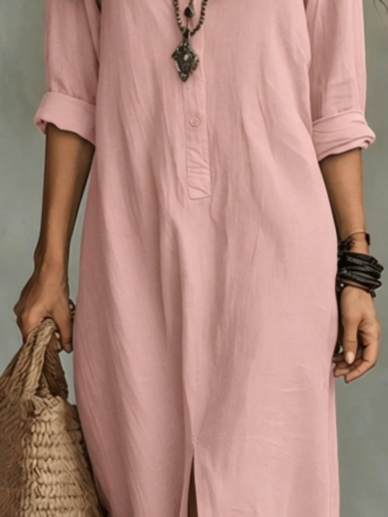 2026 Spring Summer Cross-Border Casual Solid Color Notched Lapel Front Split Long Dress, Trendy Women's Fashion, Comfortable & Stylish