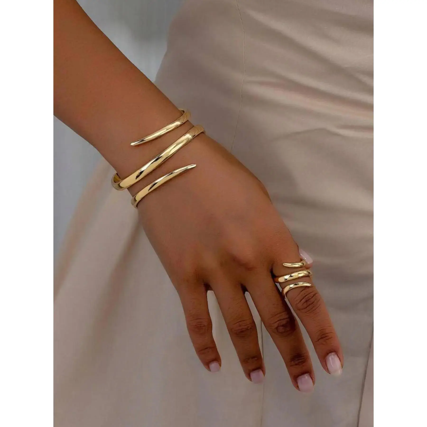 Women's Elegant Sleek Geometric Design Wrap Bangle & Ring, Exquisite Trendy Ring & Bangle, Accessories Set, Fashionable Jewelry Set for Gifting